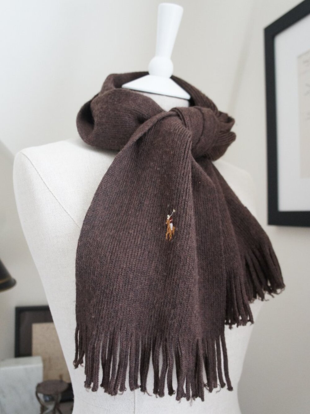 Polo Ralph Lauren 90s Vintage 100% Merino Wool Dark Brown Fringe Scarf - Picture 9 of 10